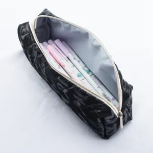 Black quilted pencil case with zipper closure, large capacity stationery storage pouch.