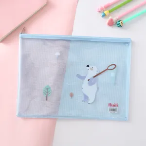 Borsa per documenti A4 in rete trasparente con stampa di simpatico orso polare portaoggetti.