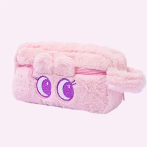 Cute pink plush pencil case with anime cat eyes large capacity cute stationery pouch cosmetic bag