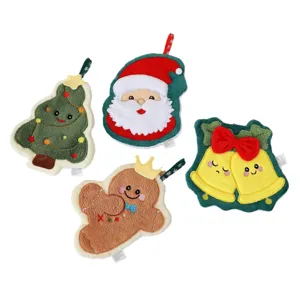 Christmas Cartoon Hanging Hand Towel Absorbent Coral Fleece Kitchen Embroidered Festive Holiday Home Decor