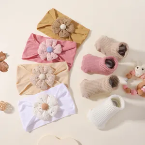Baby Girls Flower Headband And Socks Set Cute Wide Elastic Nylon Hairbands Anti-Slip Ribbed Socks Toddler Hair Accessories