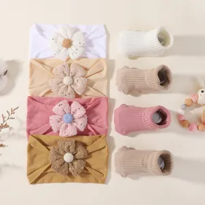 Cute baby flower headband and matching soft knit socks gift set for newborn infants