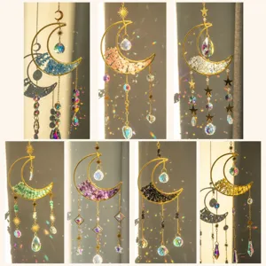 Seven colorful crystal moon suncatchers with natural stones reflecting prismatic light