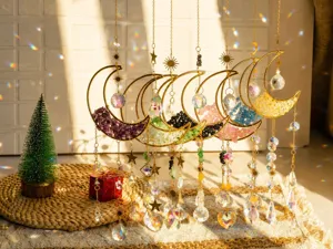Detail showing seven colorful crystal suncatchers creating rainbow light reflections
