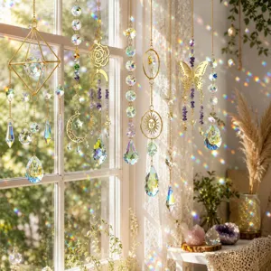 Close-up of golden K9 crystal suncatchers creating vibrant rainbow light refractions.