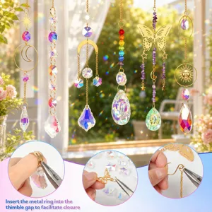 Detailed instruction showing DIY suncatcher assembly with K9 crystal beads and gold rings