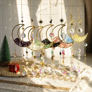 Crystal Moon Sun Catcher Hanging Pendant Natural Stone Wind Chime Decor For Home Window Garden Bohemia Gold Metal Ornament