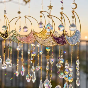 A detailed close-up of 7pcs crystal moon sun catchers with colorful natural stones hanging.