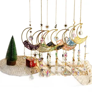 Set of 7 celestial moon suncatchers with natural healing stones and crystal prisms