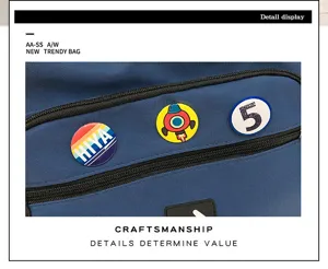 Close-up of blue messenger bag featuring decorative badges and durable zippers