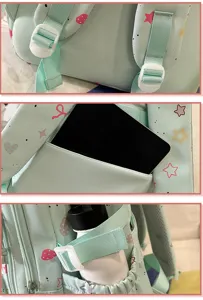 Close-up of student backpack details, featuring adjustable straps and handy inner pocket.