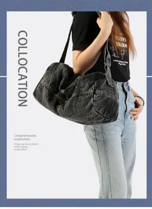 Close-up detail of a distressed washed denim travel bag worn over the shoulder by a model.