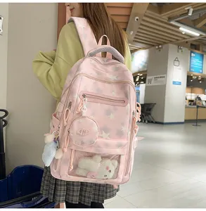 Zaino rosa alla moda con stampa a stelle, grande capacità e simpatico orsetto per ragazze