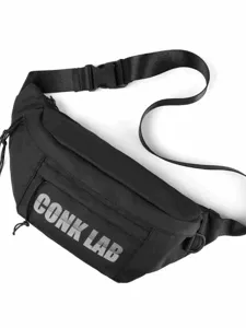 Bolso de pecho negro unisex estilo urbano con letras CONK LAB y correa ajustable
