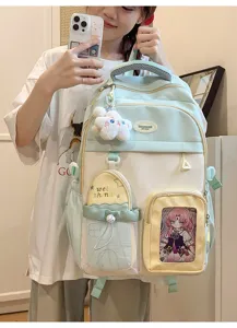Detailed view of the color-blocked student backpack, large capacity school bag design.