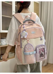 Pink and white college style large capacity student backpack with transparent pocket and charm.