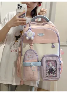 College style color-block large capacity student schoolbag backpack for daily school use.