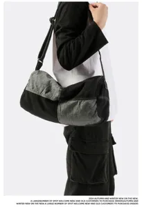 Side view showing a large patchwork denim crossbody travel bag carried by a model