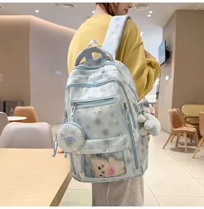 Zaino per studenti azzurro con stelle e un simpatico accessorio peluche morbido