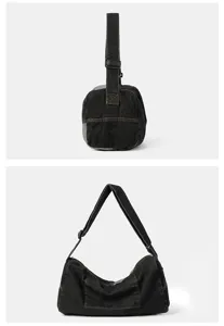 Detailed side and profile views of a vintage washed denim patchwork crossbody travel bag