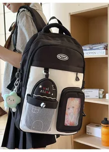 Stylish color block large capacity school backpack for students, multi-pocket casual daily bag.