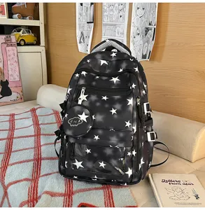 Zaino scolastico nero carino con motivo a stelle per ragazze e pochette rotonda