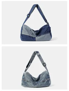 Large capacity washed denim messenger bags featuring patchwork and acid wash vintage styles