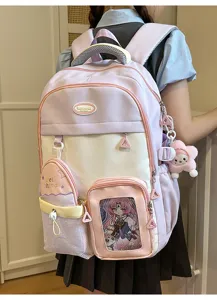 Stylish pink multi-pocket student school backpack with large capacity for daily use.