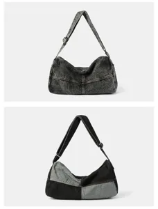 Comparison of vintage washed black and patchwork denim large capacity shoulder bags