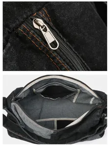Detailed close-up showing the sturdy zipper and spacious interior of this washed denim bag