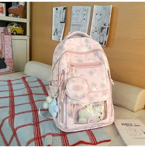 Zaino scolastico rosa carino con motivo a stelle e tasca trasparente per ragazze