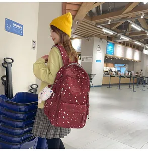 Detailed view of stylish maroon star printed casual backpack for student girls daily use.