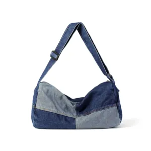 Patchwork washed denim crossbody bag with adjustable strap and large capacity design