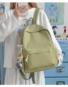 Sac à dos étudiant vert bonbon grande capacité avec un joli porte-clés ours
