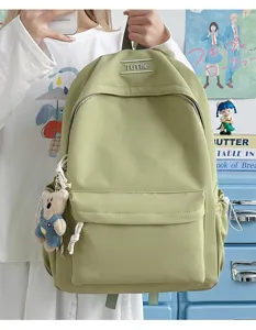 Sac à dos scolaire vert clair grande capacité avec pendentif d'ours mignon pour filles