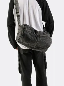 Large capacity washed denim crossbody travel bag with distressed vintage acid wash texture