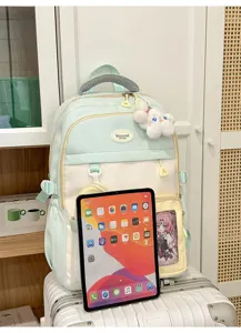 Stylish color block student school backpack, large capacity backpack for junior high students.