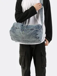 Large acid wash denim crossbody travel bag with adjustable strap for casual daily use