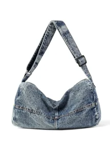 Large capacity distressed washed denim crossbody shoulder bag with adjustable strap