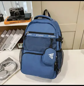 Detaillierte Ansicht eines blauen Schulrucksacks mit großer Kapazität und passender kleiner Tasche.