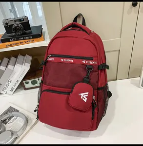 Großer weinroter Schulrucksack im College-Stil mit Netztasche vorne und kleiner Zubehörtasche