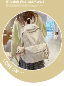 Sac à dos à carreaux de grande capacité avec breloque ours en peluche pour étudiant