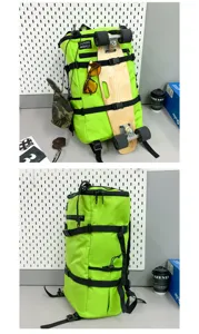 Neon groene outdoor rugzak met grote capaciteit en handige skateboard bevestigingsriemen