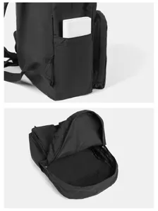 Black large capacity lightweight backpack showing side pocket and main compartment detail