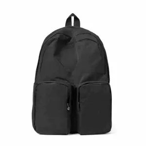 Front detail view of a black large-capacity backpack with dual zippered storage pockets