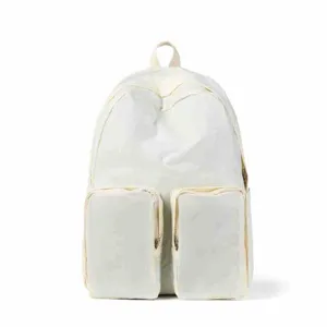 Front view of a minimalist white casual backpack featuring two large utility pockets on front
