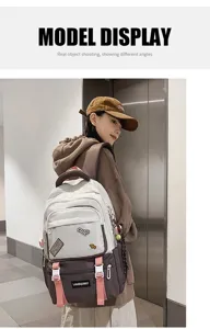 Asian model wearing a stylish color-block school backpack with decorative patches