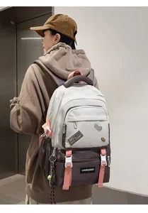 Stylish campus student backpack with grey color-blocking and cute decorative patches