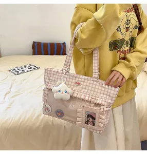Süße rosa karierte Ita-Tasche mit transparentem Sichtfenster und Plüschstern-Anhänger