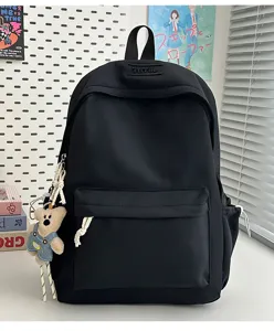 Grand sac à dos noir pour étudiant avec porte-clés ours en peluche et décorations